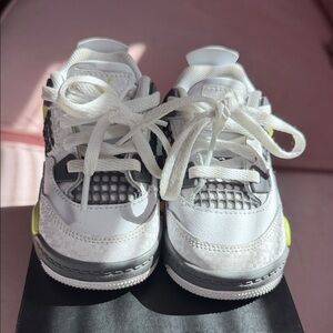 Jordan Kids White and Gray Sneakers with Neon Yellow Accents